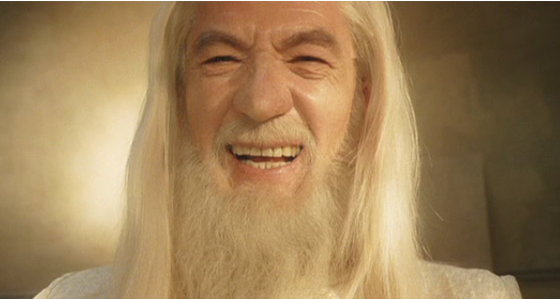 Gandalf, laughing, in a still from The Return Of The King.