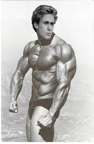A Photoshop picture of Ryan Gosling with a muscular body.