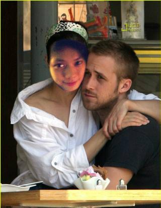 A Photoshop picture of a girl's face on a woman's body, next to Ryan Gosling.