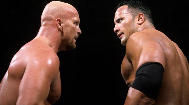 The Rock facing off against Stone Cold Steve Austin.