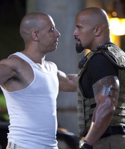 The Rock facing Vin Diesel in the film, Fast Five.