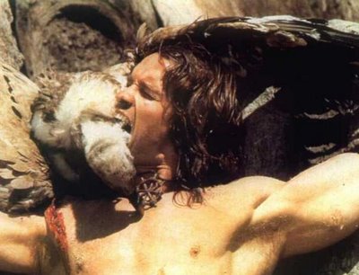 Arnold Schwarzeneggar as Conan, biting the vulture.